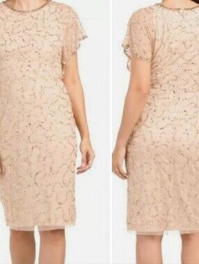 Adrianna Papell Champagne Gold Flutter Sleeve Beaded Dress Size 10